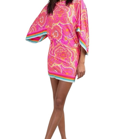 Trina Turk Morning Sunrise pink 70s inspired print Swim Cover Tunic Kaftan dress - Picture 1 of 14